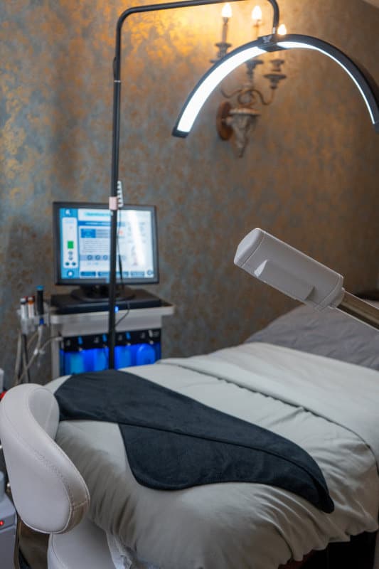 Treatment bed under the LED lamp in the injectables room at LNO Boutique in Centennial, Colorado