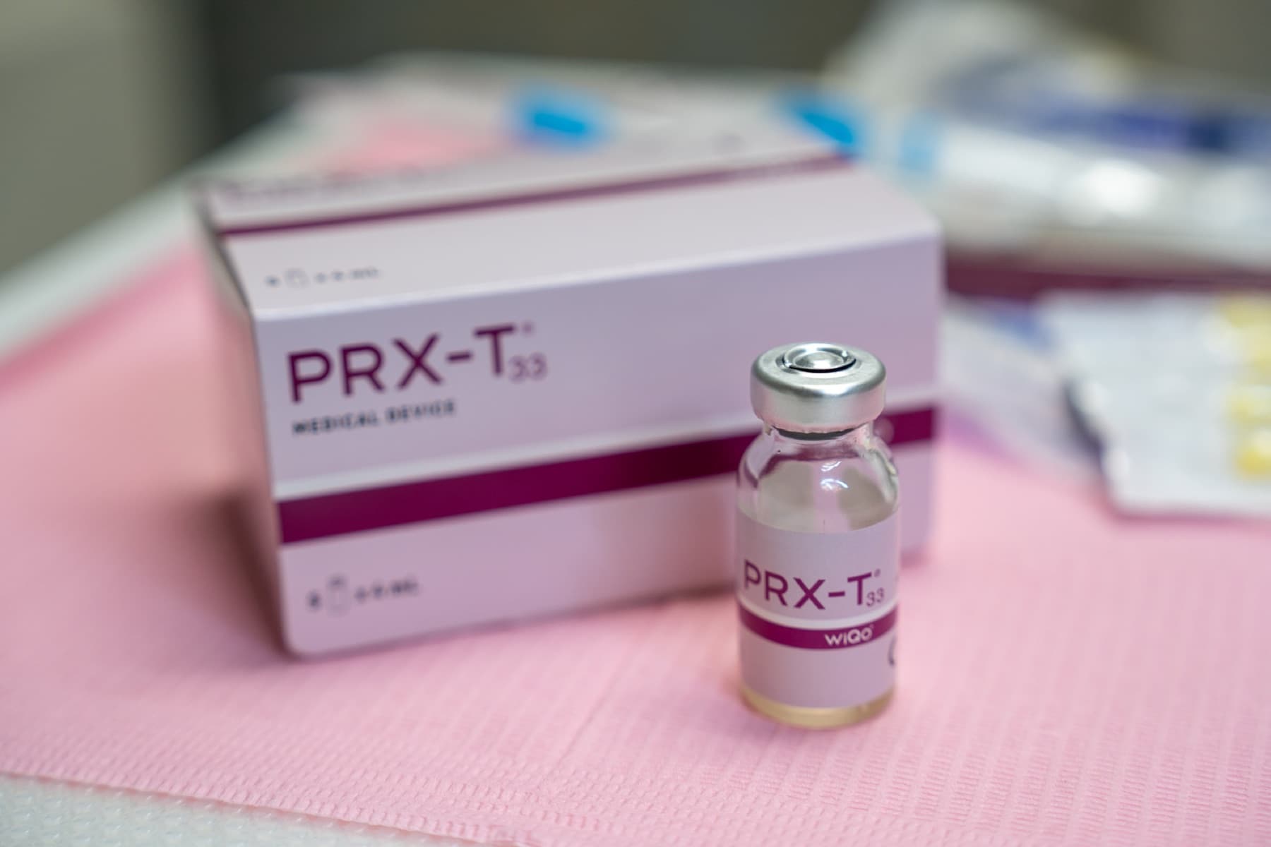 PRX-T33 peel vial and box by WiQo on the treatment tray at LNO Boutique med spa in Centennial, Denver