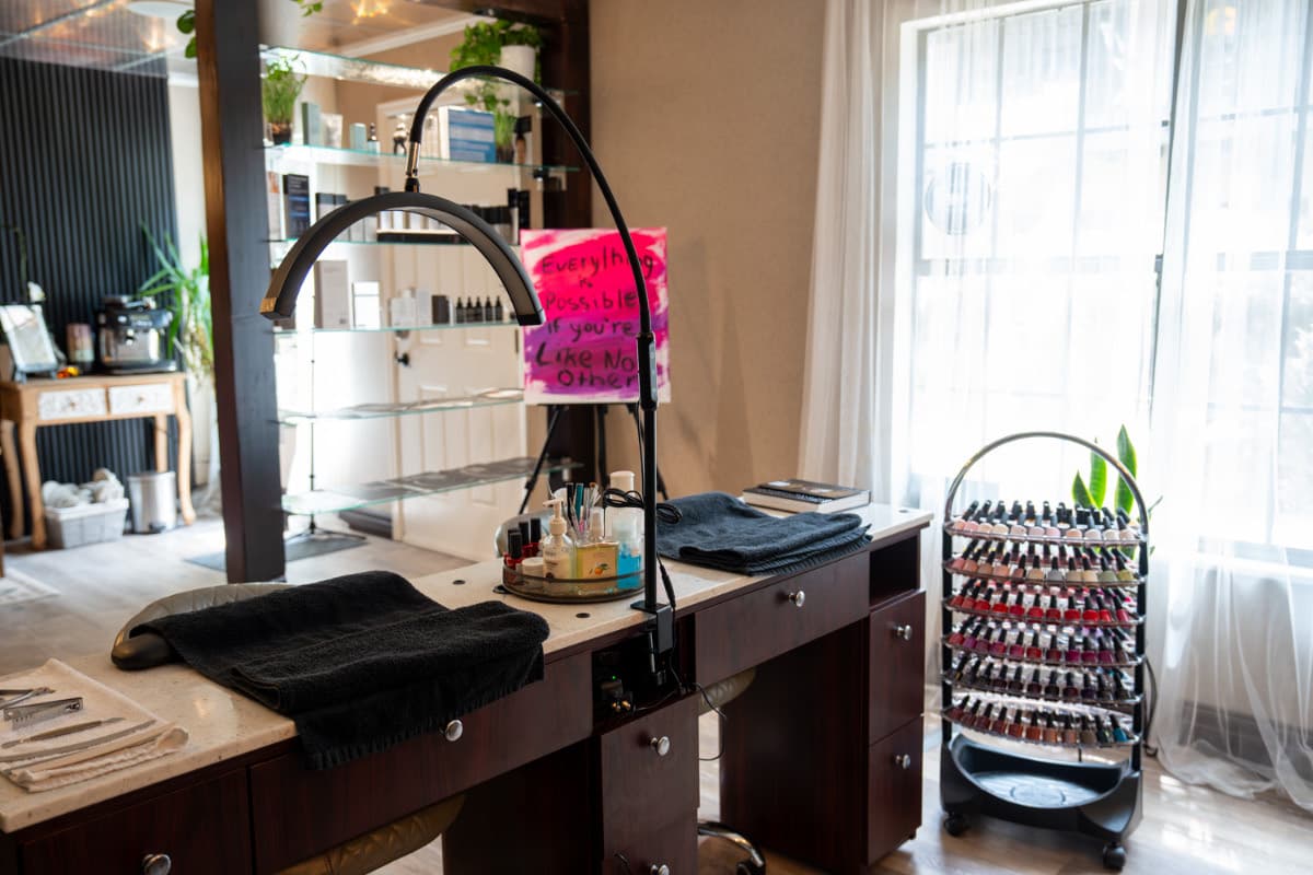 Nail polish bar and lash station at LNO Boutique day spa in Centennial, Colorado