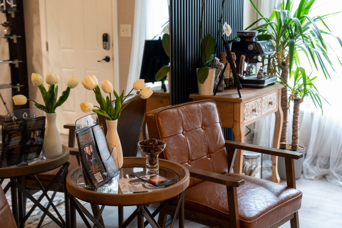 The reception lounge with tulips at LNO Boutique day spa in Centennial, where a gift card is redeemed