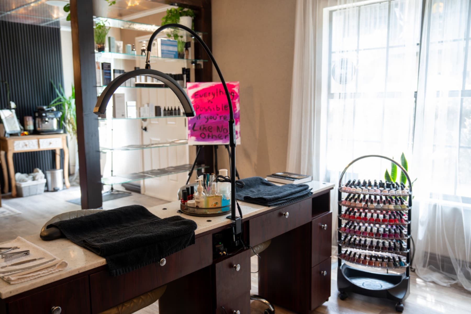 Manicure station by the window at LNO Boutique nail salon in Centennial, Denver
