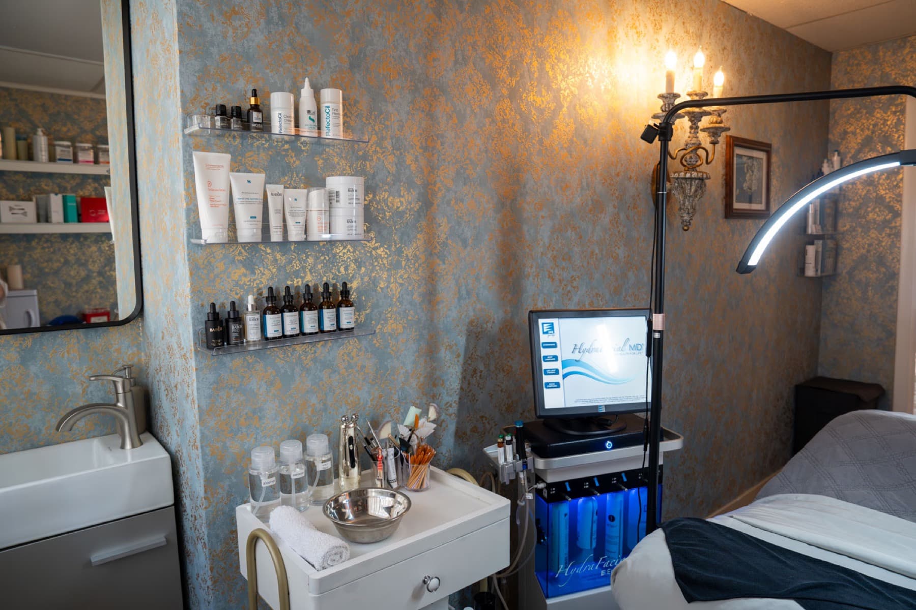 Private treatment room with skincare shelves at LNO Boutique med spa in Centennial, Denver